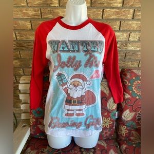 Christmas Santa “Wanted Jolly Man Bearing Gifts” Baseball Tee sz XS NWT